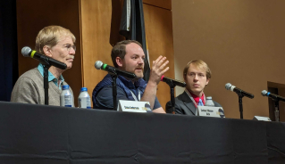 (L to R): JILA Fellow and CU Boulder Engineering professor and CSO of Infleqtion Dana Anderson listens to Maybell Quantum CEO and Founder Corban Tillmann-Dick respond to a question from the moderator at the Conference of World Affairs in April 2024. 