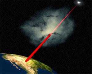 An artist's rendition of infrared radiation from a star passing through an interstellar cloud.