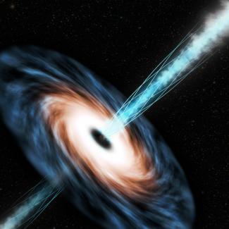 An illustration of Supermassive black holes at the center of active galaxies known as blazars.