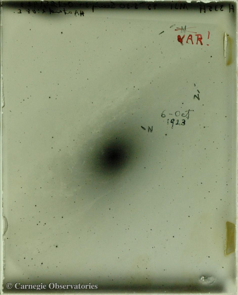 Hubble's disovery plate of a Cepheid variable in M31, dated 6 Oct 1923. Hubble has crossed out N (for nova) and marked vAR! in red