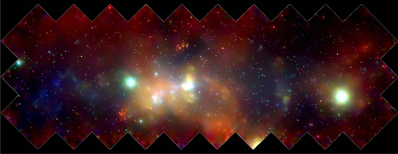 Chandra survey image of the Galactic Center, about 2 degrees across.  GC is inside the bright white patch at center.