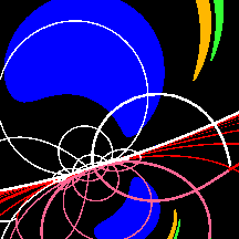 Movie image at 0.35 Schwarzschild radii, but with an extra view of the other Universe through the Schwarzschild wormhole.