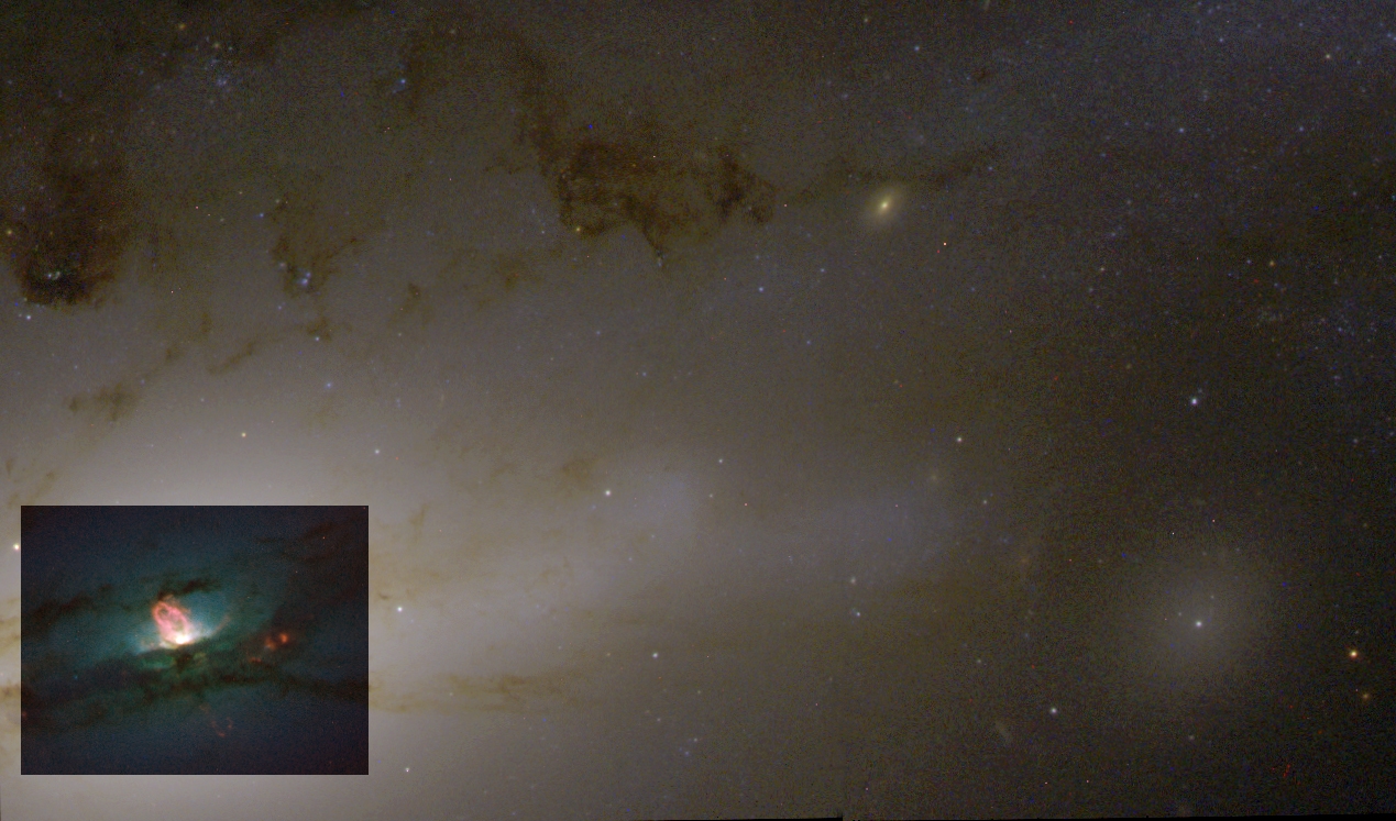 Center of peculiar galaxy NGC 4438 (Arp 120) in the Virgo cluster.  Detail image is 32 arcsec across, about 10,000 lyr.  BH mass unspecified.