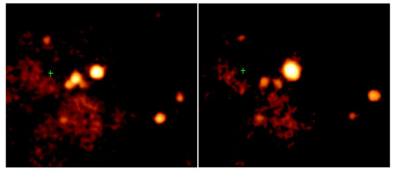 X-ray image around center (green +) of M82.  The BH is the variable source.