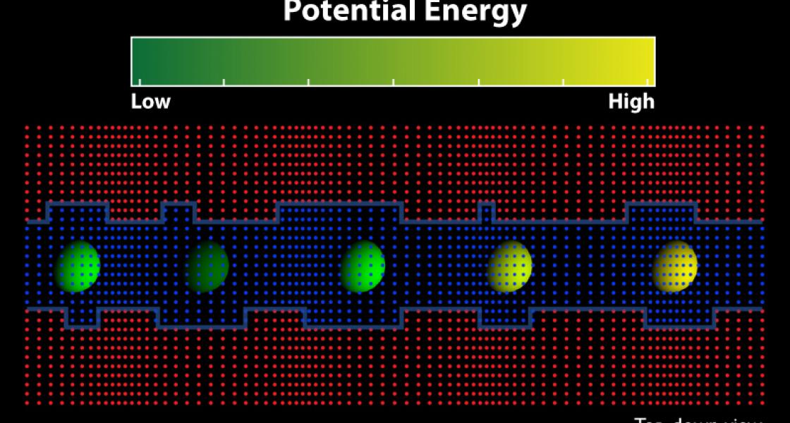 Artist's concept of excitons confined in two-dimensional quantum wells inside a semiconductor.