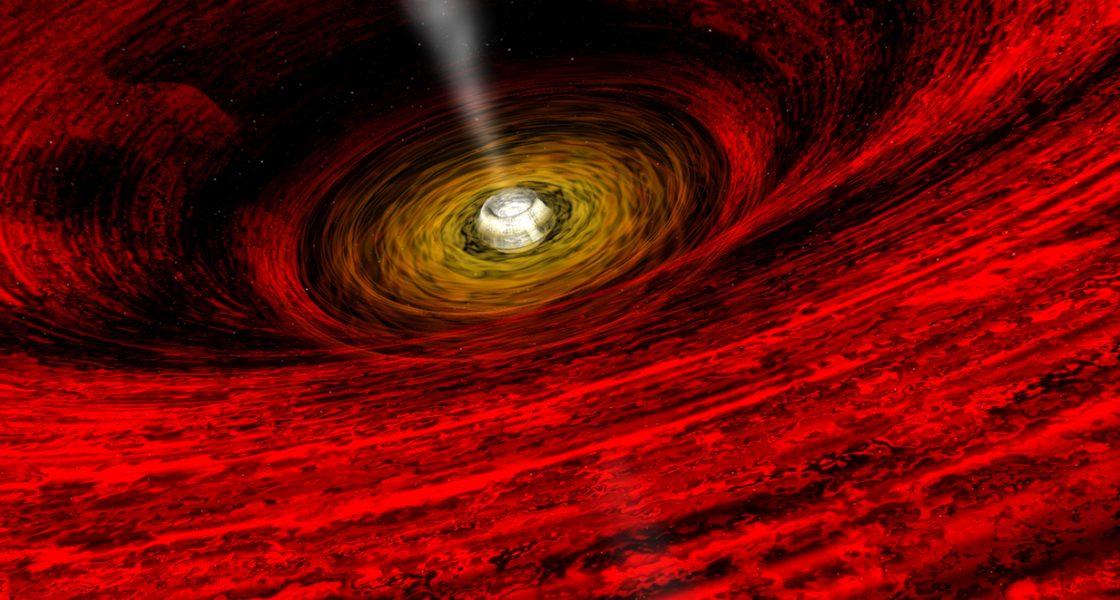 Artist's conception of a supermassive black hole emitting a high-energy jet at the center of a nascent galaxy.