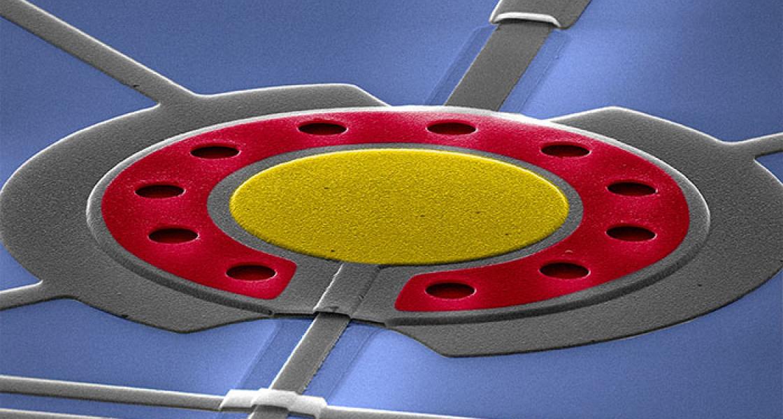 A false-colored scanning electron micrograph of a circuit under study in the Lehnert lab.