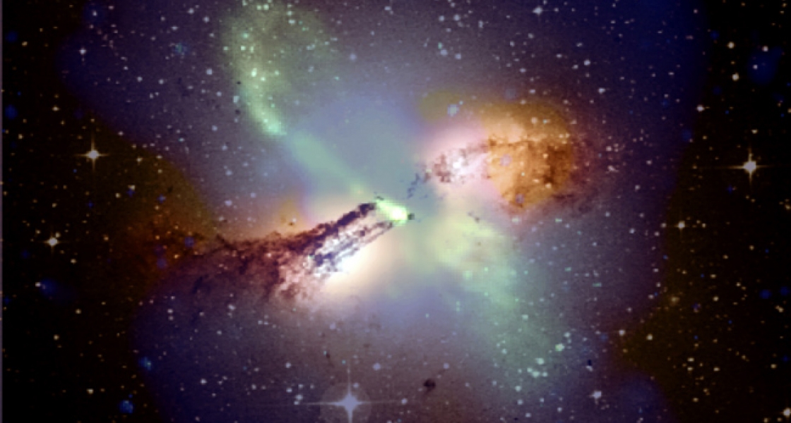 Opposing jets of high-energy particles blast away from a supermassive black hole.