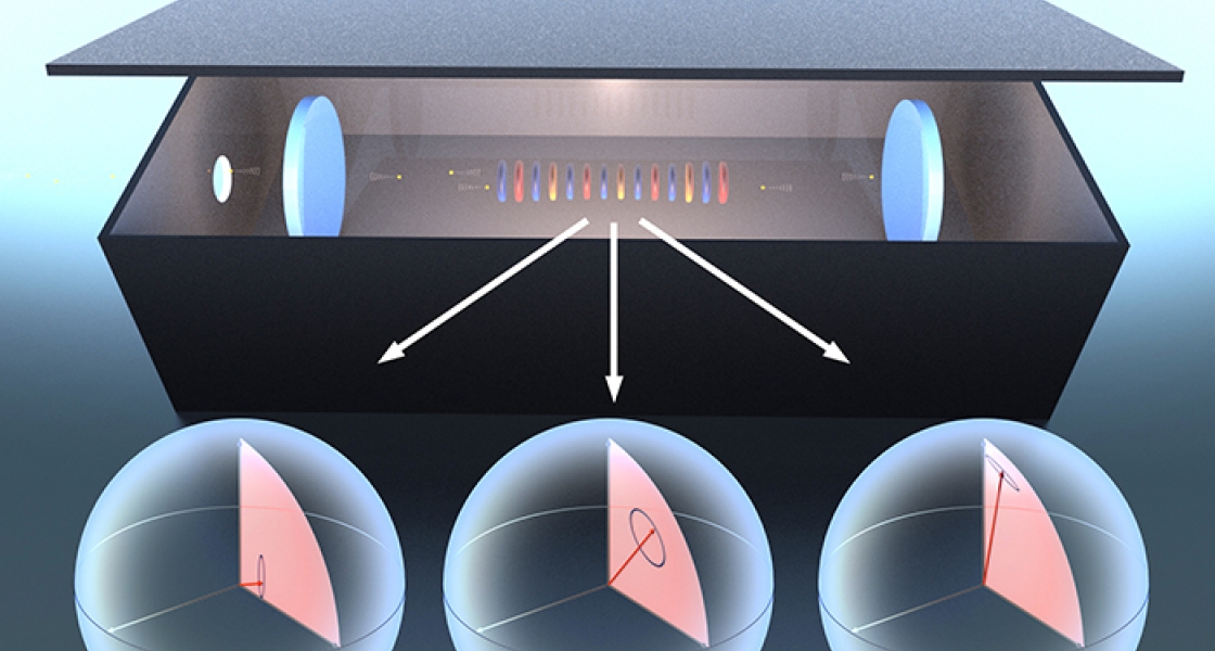 Illustration of looking inside the Thompson group’s superradiant laser.