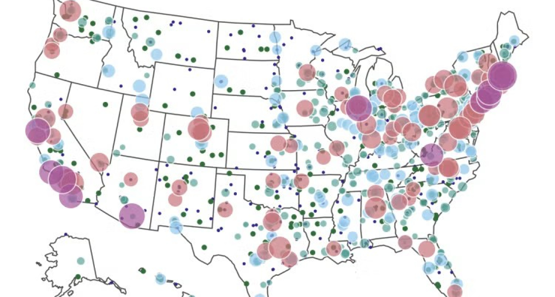 Map of the United States with colored bubbles. Largest bubbles are on the East and West Coasts