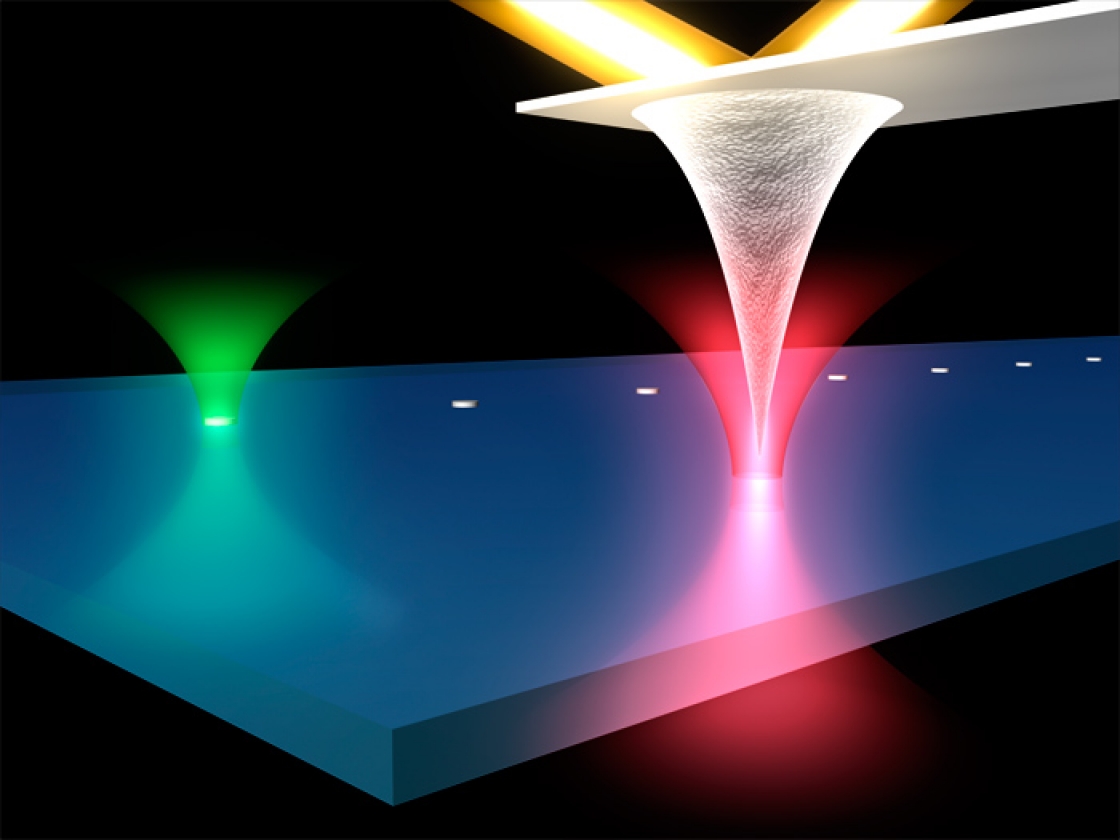 An artist's conception of an optically stabilized atomic force microscope (AFM).