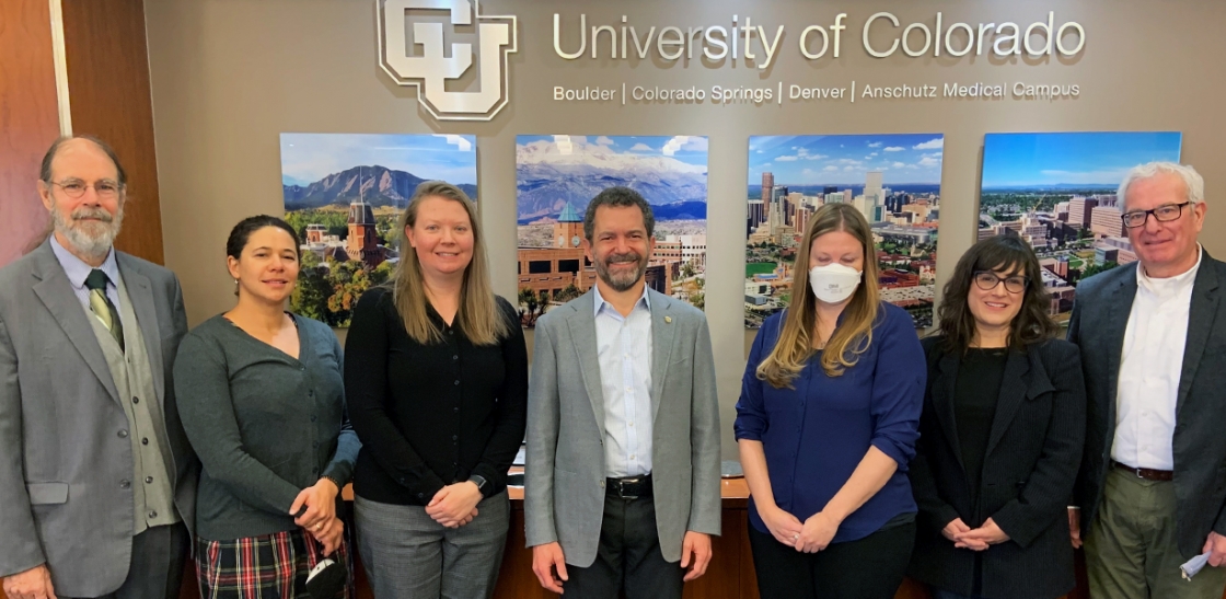 From left, Michael Lightner, vice president for academic affairs; Cerian Gibbes; Heather Lewandowski; President Todd Saliman; Anna Kosloski; Maria Elena Buszek; and Raphael Sassower. Gibbes, Lewandowski, Kosloski and Buszek are the newest President’s Teaching Scholars; Sassower chairs the program’s council.