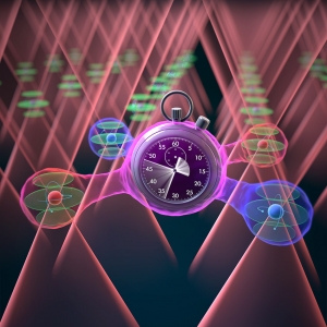 optical tweezers holding atoms, connected by a clock