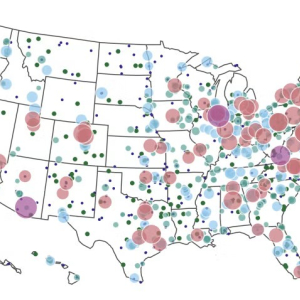 Map of the United States with colored bubbles. Largest bubbles are on the East and West Coasts
