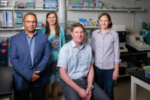 From left to right, Aju Jugessur, Juliet Gopinath, Scott Diddams and Cindy Regal, who will lead the realization of a new facility at CU Boulder, with JILA's collaboration, for making nano devices