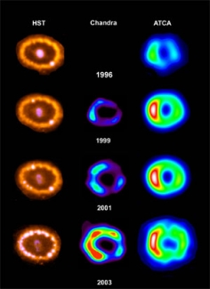 The Chandra X-Ray Observatory imaged the shock wave inside the cavity heading for the ring's edge.