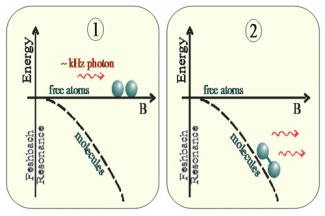Diagram of a novel way to assemble Feshbach molecules from a cloud of ultracold atoms.
