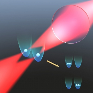 Cold atoms of Rb are trapped in separate optical tweezers.