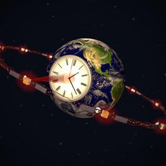 Artist’s concept of a world clock consisting of multiple space-borne atomic clocks interlinked via quantum entanglement.