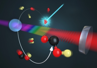 Artist’s conception of an infrared frequency comb “watching” the reaction of a molecule.