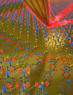 The molecular monolayer of 4-nitrothiophenol being pierced by an atomic force microscope (AFM)