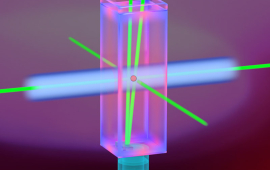 The lattice beams intersect Bose-Einstein condensed atoms (red) over the angled internal optic. Although only a single probe beam (blue) is shown, probe beams are aligned to each axis of the lattice to enable imaging from any direction.