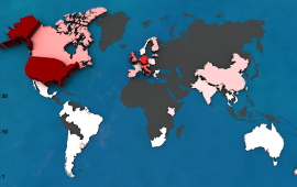 World map of number of survey responses. Shown on a log scale, each colored country has at least one response; countries in gray have no responses.
