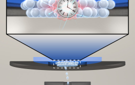 A schematic of the deposition process, as thorium ions get vaporized then deposited in a thin film on the substrate's surface. 