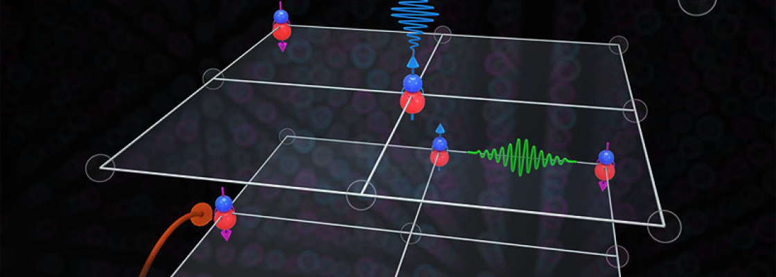 Molecules sparsely occupy a deep 3D optical lattice. Molecules interact with induced dipole moments and transition dipole moments represented by squiggly lines between lattice sites. Lowering the lattice depth in the horizontal direction allows tunneling between sites within layers.