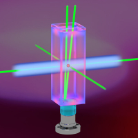 The lattice beams intersect Bose-Einstein condensed atoms (red) over the angled internal optic. Although only a single probe beam (blue) is shown, probe beams are aligned to each axis of the lattice to enable imaging from any direction.