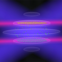 Bilayer crystals of trapped ions can be realized in devices called Penning traps, and lasers (shown in red and blue) can be used to manipulate the ions and engineer interactions between them. Such crystals may open new avenues for quantum technology applications.