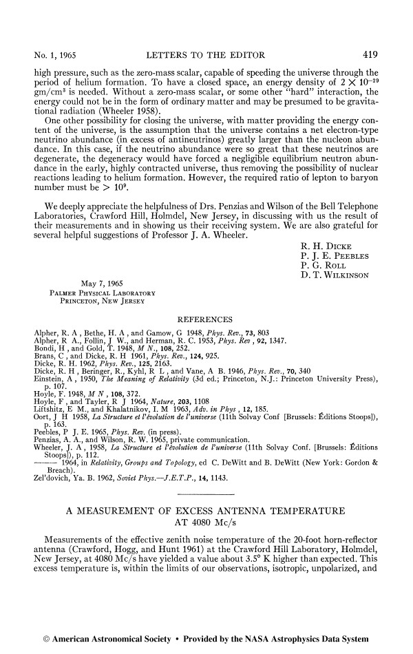 Title of Penzias & Wilson ApJ Letters paper