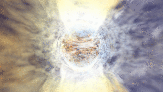GRMHD simulation by Hawley (2007) of a disk and jet around a black hole, rendered with the BHFS